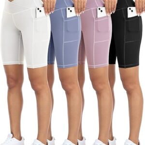 WHOUARE 4 Pack Biker Yoga Shorts with Pockets for Women,High Waisted Athletic Running Workout Gym Shorts Tummy Control