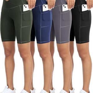 WHOUARE 4 Pack Biker Yoga Shorts with Pockets for Women,High Waisted Athletic Running Workout Gym Shorts Tummy Control
