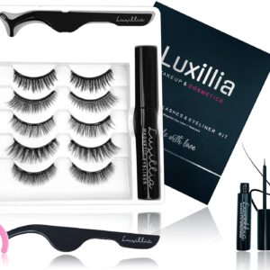 Luxillia Magnetic Eyelashes with Eyeliner 7 Piece Set, Most Natural Looking Magnetic Lashes Kit with Applicator, Best 8D, 3D Look, Reusable Fake Eye Lash, No Glue, Strongest Waterproof Liquid Liner