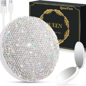 QearFun Luxurious Rhinestone LED Lighted Compact Mirror,Bling Portable Travel Makeup Mirrors,3.5 inch Rechargeable Mini Magnifying Pockets Mirror,Sparkly Beauty for Women,Wedding Favors for Guests